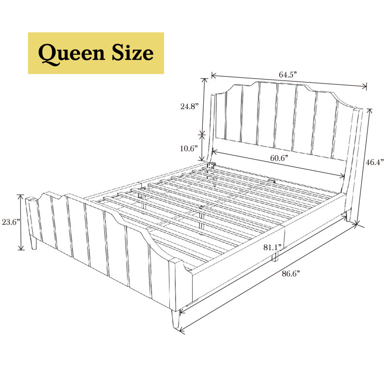 Everly Quinn Malalia Queen Size Velvet Bed Frame With Modern Curved